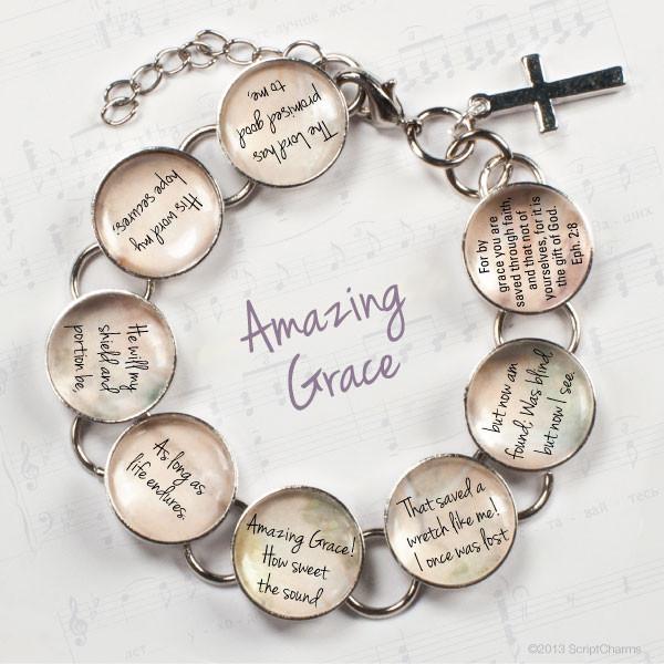 Amazing Grace Hymn & Scripture Glass Charm Bracelet