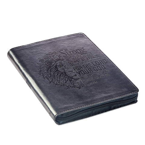 Be Strong and Courageous Joshua 1:9 Bible Verse Grey Faux Leather Journal Inspirational Zippered Notebook w/Ribbon and Lined Pages, 6.5 x 8.75 Inches (Imitation Leather) – September 9, 2018 - Faith & Flame - Books and Gifts - CHRISTIAN ART GIFTS - 9781642720129