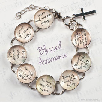 Blessed Assurance Hymn & Scripture Glass Charm Bracelet