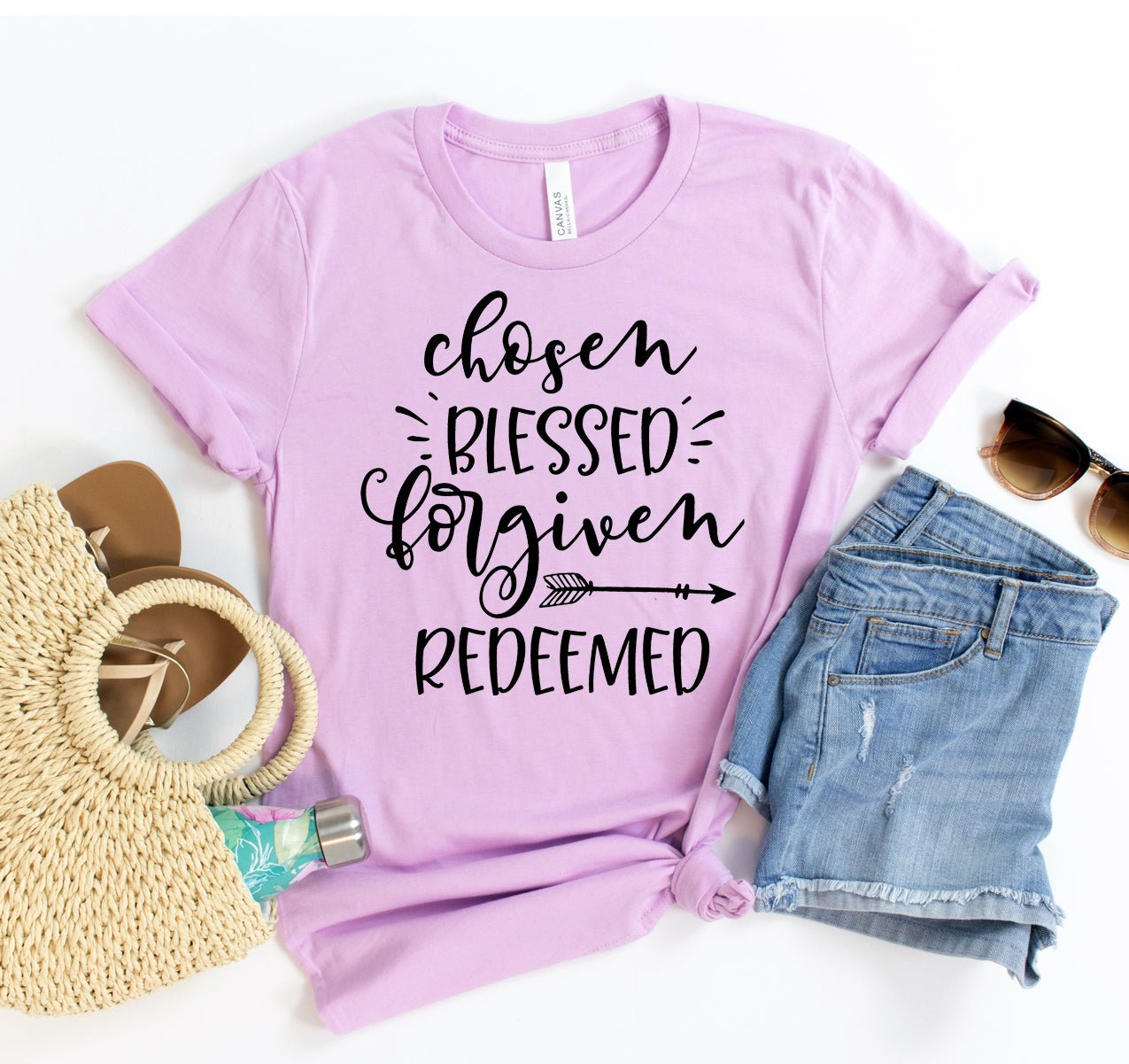 Chosen Blessed Forgiven Redeemed T-shirt - Faith & Flame - Books and Gifts - White Caeneus -