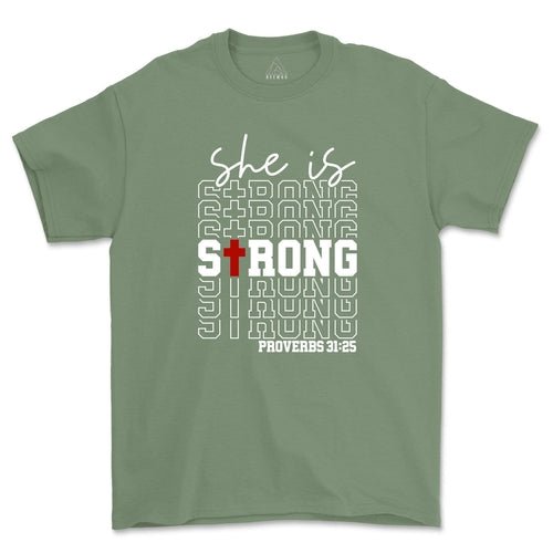 She Is Strong Proverbs Christian Shirt Religious Motivation - Faith & Flame - Books and Gifts - Amaranth Hades -